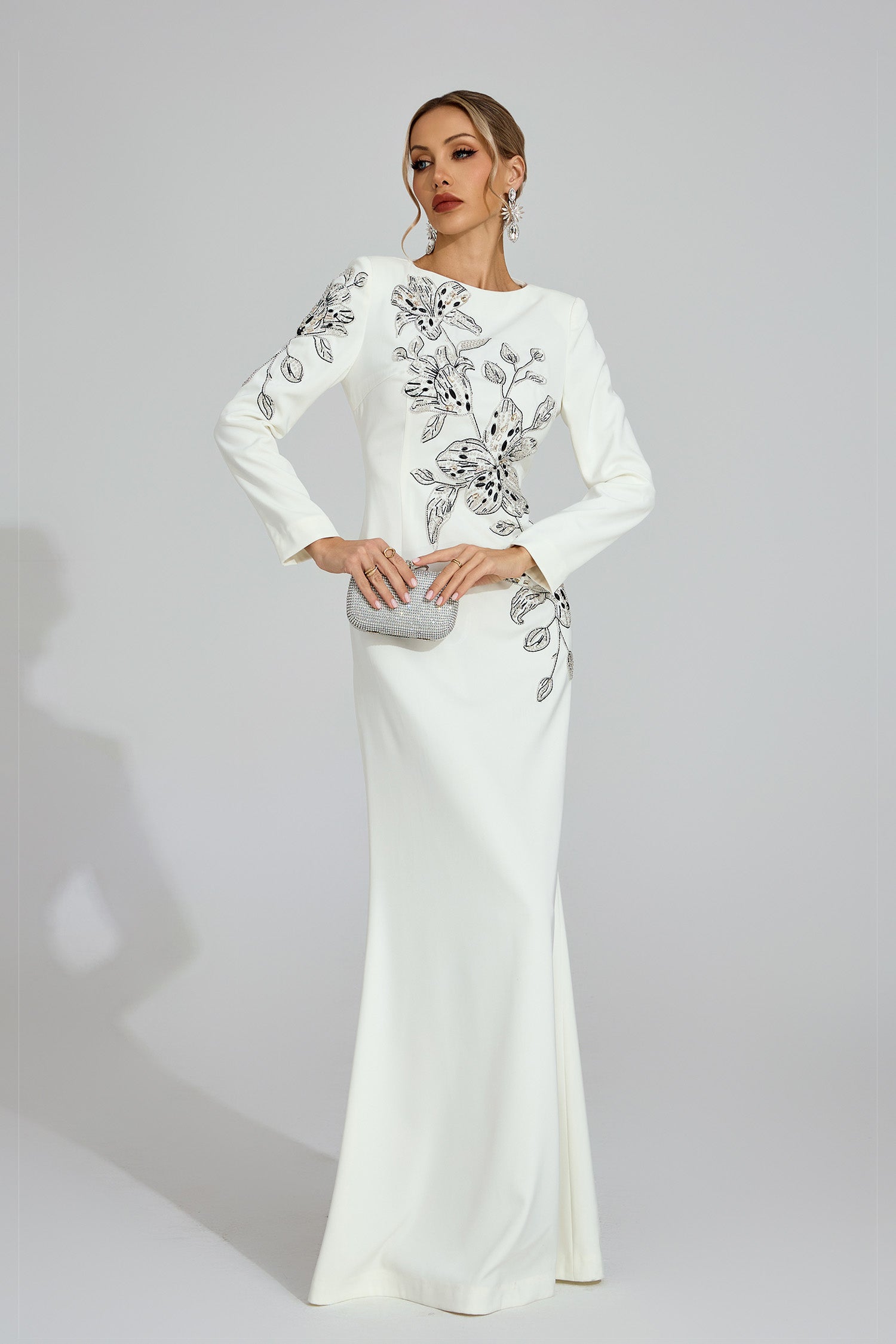 Romaine Long Sleeve Embellished Floral Detail Maxi Dress In White