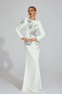 Romaine Long Sleeve Embellished Floral Detail Maxi Dress In White