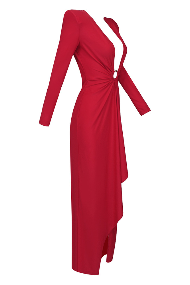 Furly Long Sleeve Ring V-Neck Maxi Dress In Red