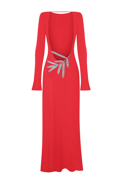 Jenesis Long Sleeve Backless Maxi Dress In Red