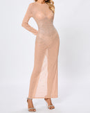 Hilaria Long Sleeve Crystal Mesh Maxi Dress In Nude