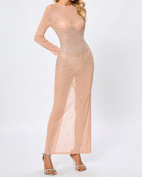 Hilaria Long Sleeve Crystal Mesh Maxi Dress In Nude