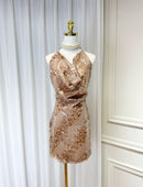 Wyxara Halter Sleeveless Sequin Mini Dress In Kahki Brown