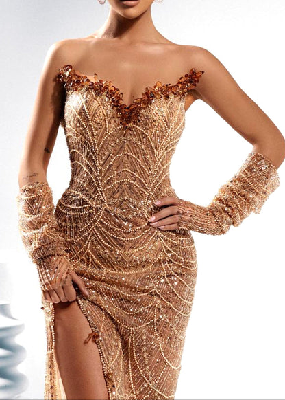 Cyvra Strapless Crystal Sequin Maxi Dress In Gold
