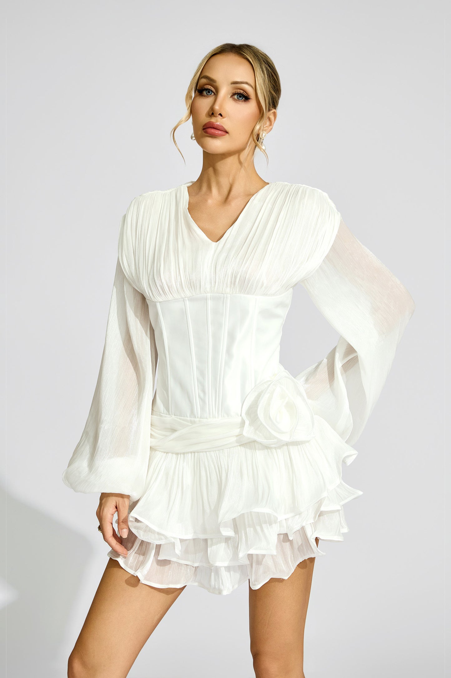 Aislyn 3D Flower Ruffle Trim Mini Dress In White