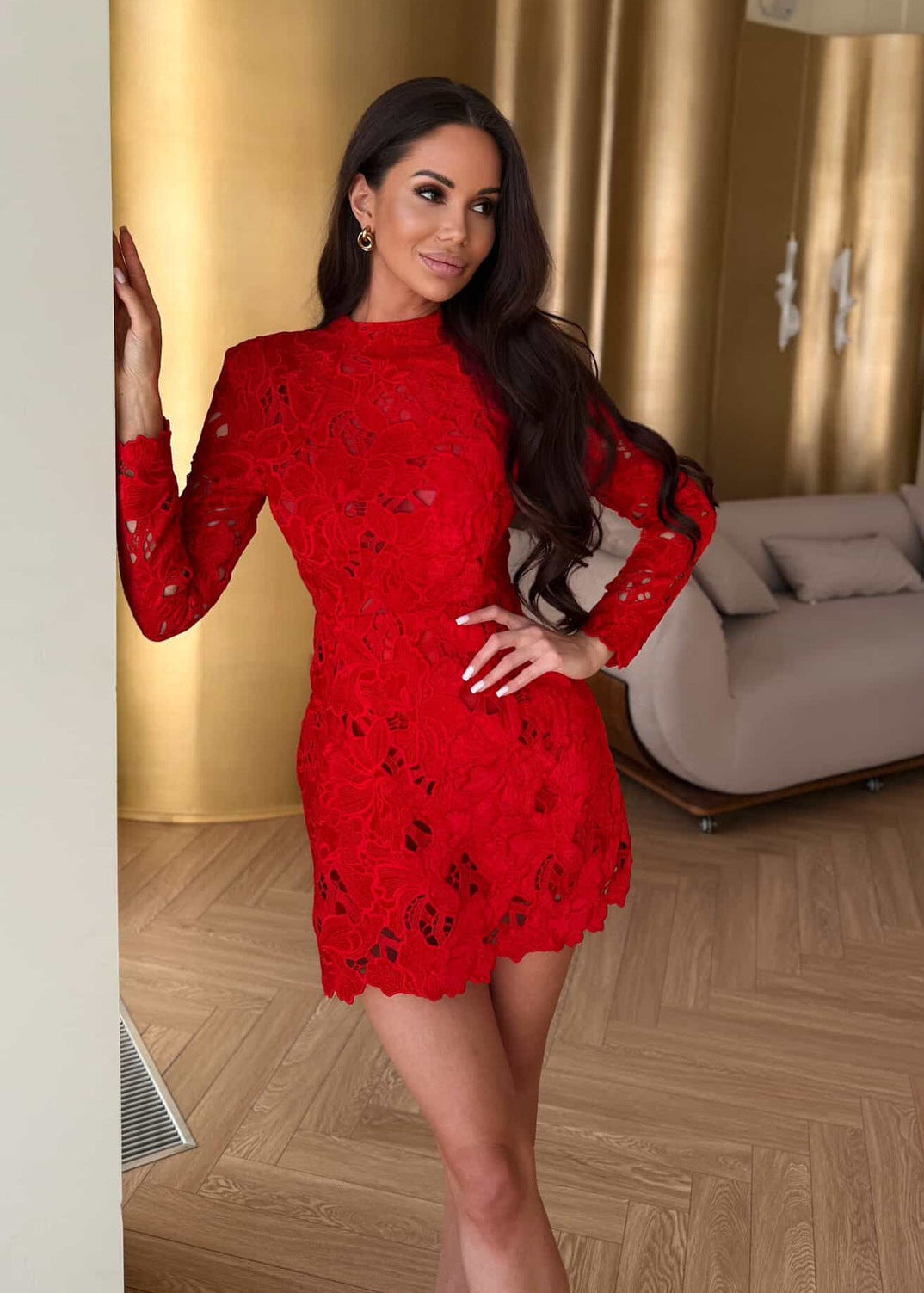 Geyera Long Sleeve Crochet Mini Dress In Red