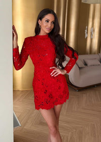 Geyera Long Sleeve Crochet Mini Dress In Red