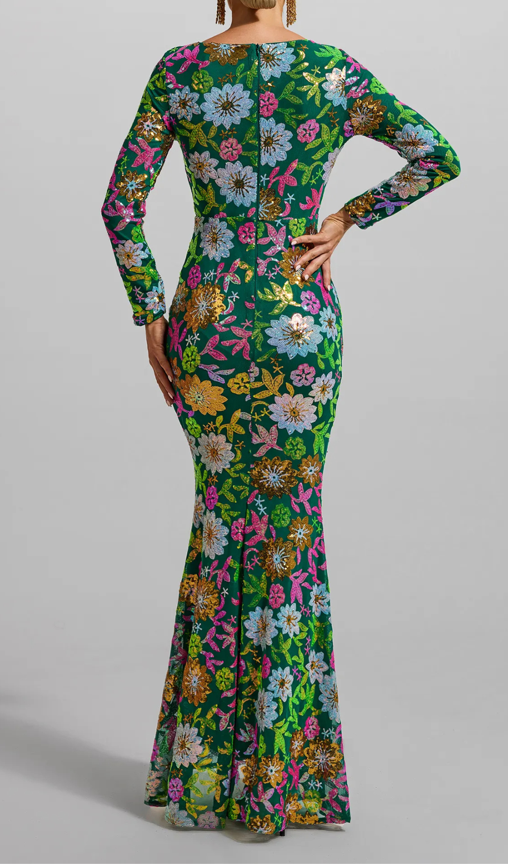 Nisan Sequin Round Neck Long Sleeve Maxi Dress In Green