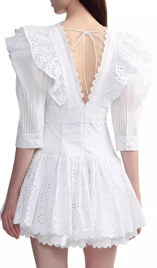 Makoto V-Neck Embroidered Ruffled Mini Dress In White