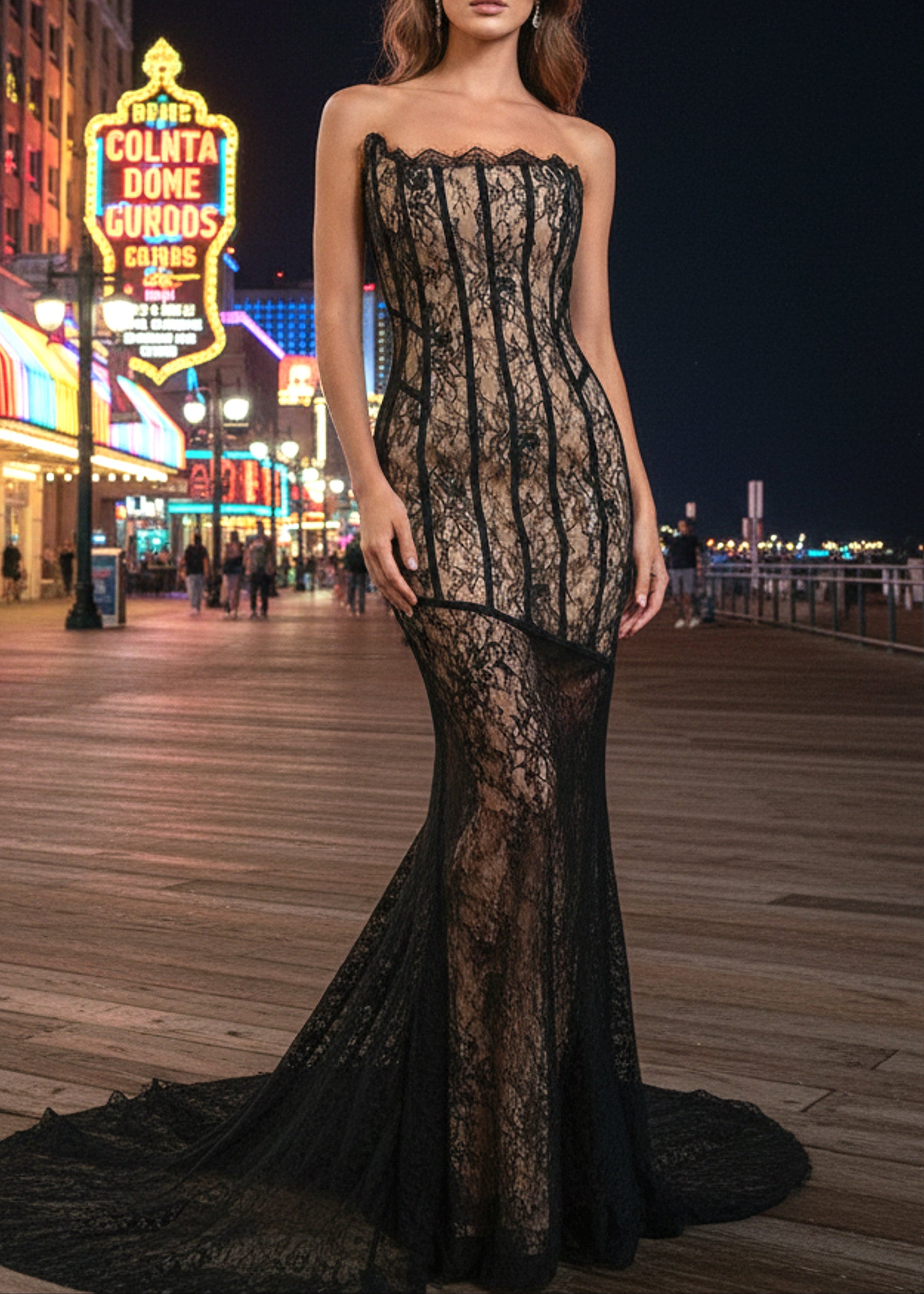 Galaxar Strapless Lace Insert Maxi Dress In Black