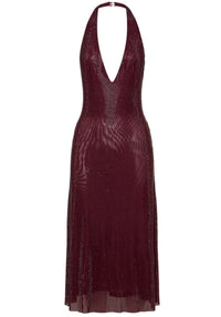 Baryx Halter Sparkly Midi Dress In Burgundy