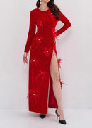 Ruzevich 3D Feather Flower Velvet Maxi Dress In Red