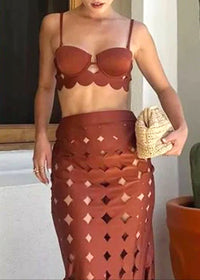 Naida Scalloped Three Piece Maxi Dress In Brown