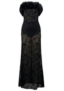 Bahula Strapless Fur Structured Lace Maxi Dress In Black
