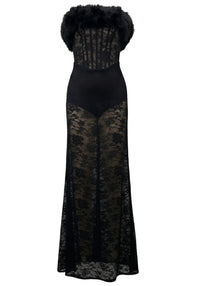 Bahula Strapless Fur Structured Lace Maxi Dress In Black