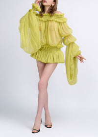 Cemach Off Shoulder Ruched Dress Set In Chartreuse