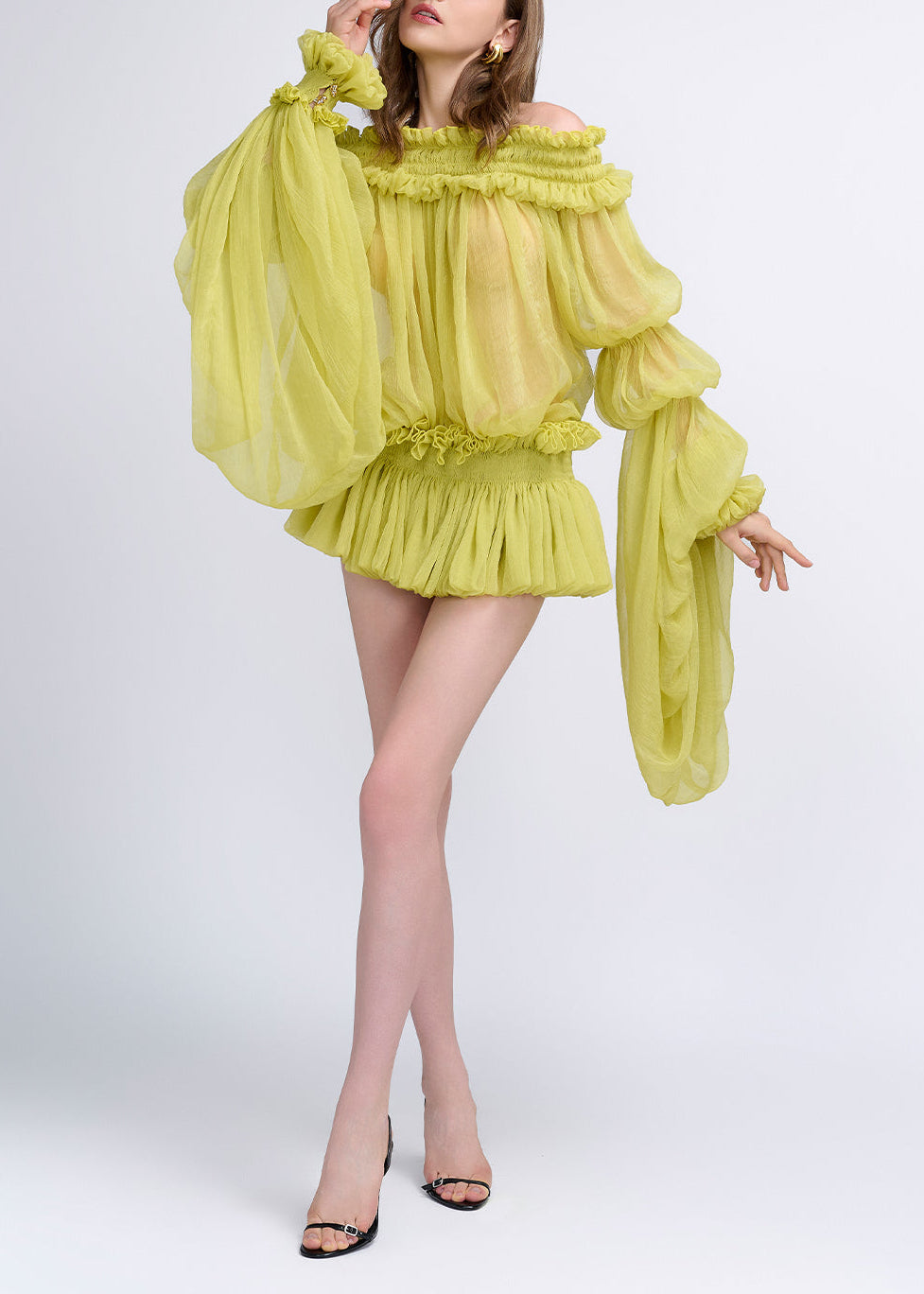 Cemach Off Shoulder Ruched Dress Set In Chartreuse