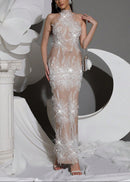 Alsatia Halter Pearl Sequin Embellished Maxi Dress In Nude