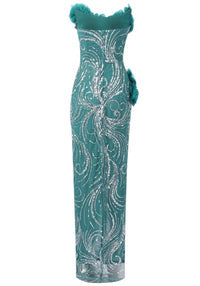 Xandria Floral Strapless Sequin Maxi Dress In Green