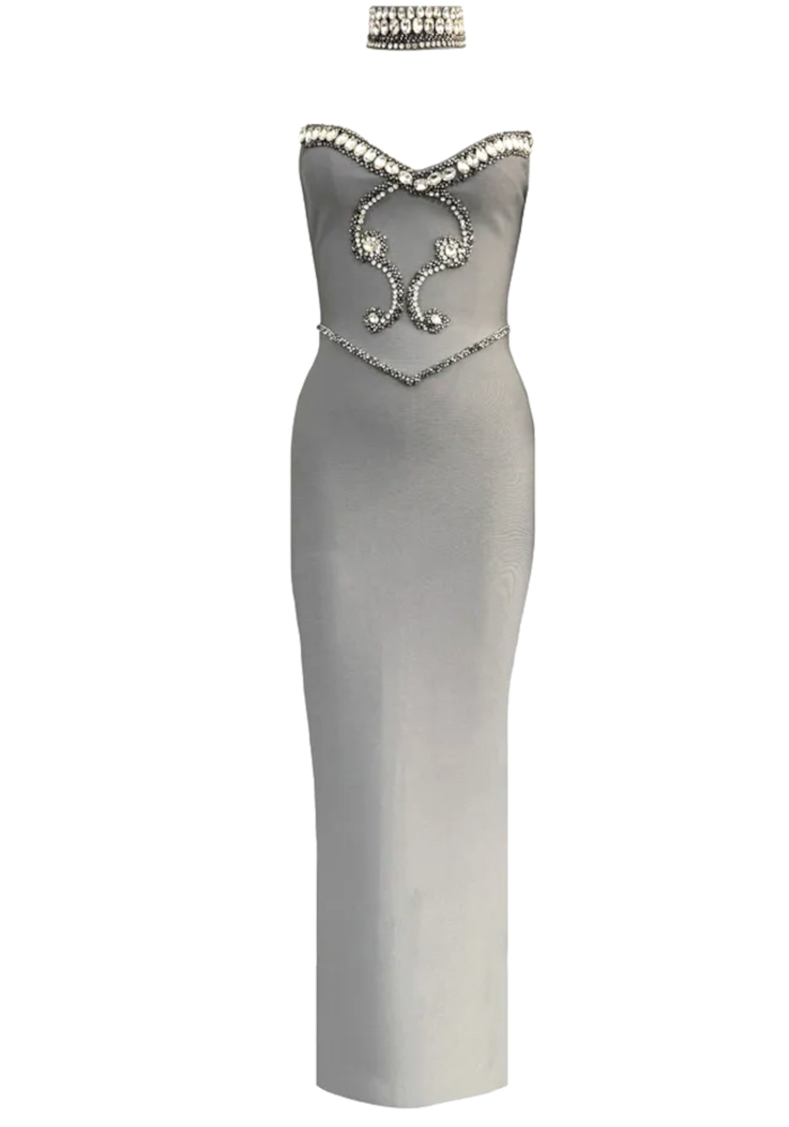 Aethon Crystal Choker Strapless Maxi Dress In Grey