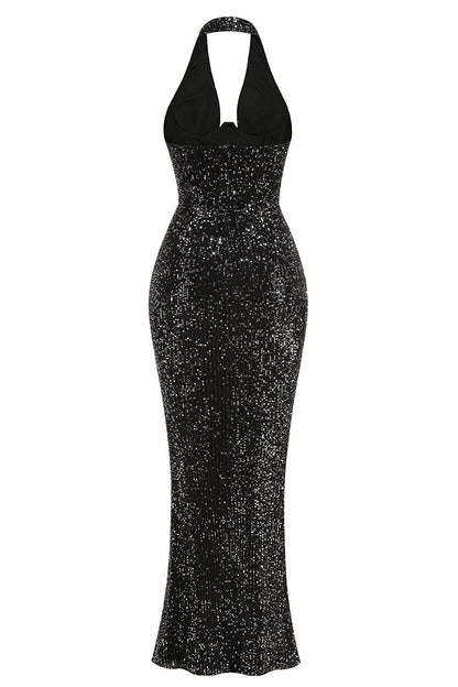 Barron Halter Sequin Embellished Gown In Black