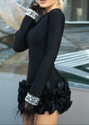Ainara Crystal Feather Long Sleeve Ruffle Detail Mini Dress In Black