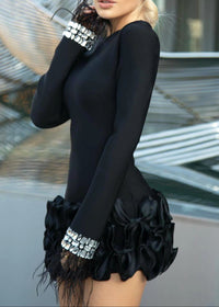 Ainara Crystal Feather Long Sleeve Ruffle Detail Mini Dress In Black