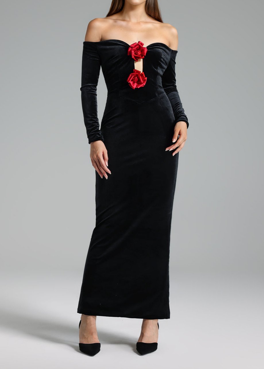 Ebony Off Shoulders Flowers Velvet Maxi Dress In Black