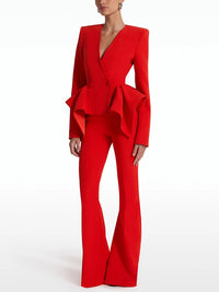 Nero Ruffled Blazer Pants Set In Red