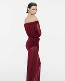 Cryxel Off-Shoulder Draped Mesh Maxi Dress In Wine Red