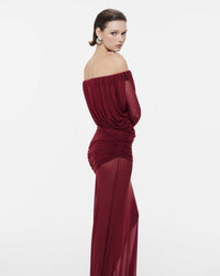 Cryxel Off-Shoulder Draped Mesh Maxi Dress In Wine Red