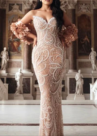 Lathrop Strapless Pearl Sequin Embellished Maxi Dress In Nude