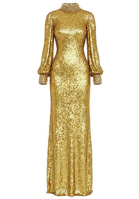 Farjana Long Sleeve Crystal Neck Sequin Maxi Dress In Gold