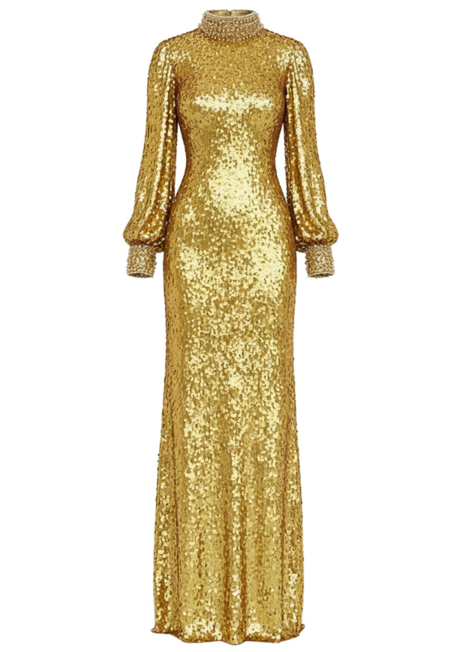 Farjana Long Sleeve Crystal Neck Sequin Maxi Dress In Gold