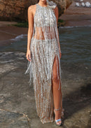 Tatyanah Crystal Tassel Maxi Dress In Nude