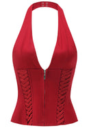 Kovriel Halter Lace Up Corset Top In Red