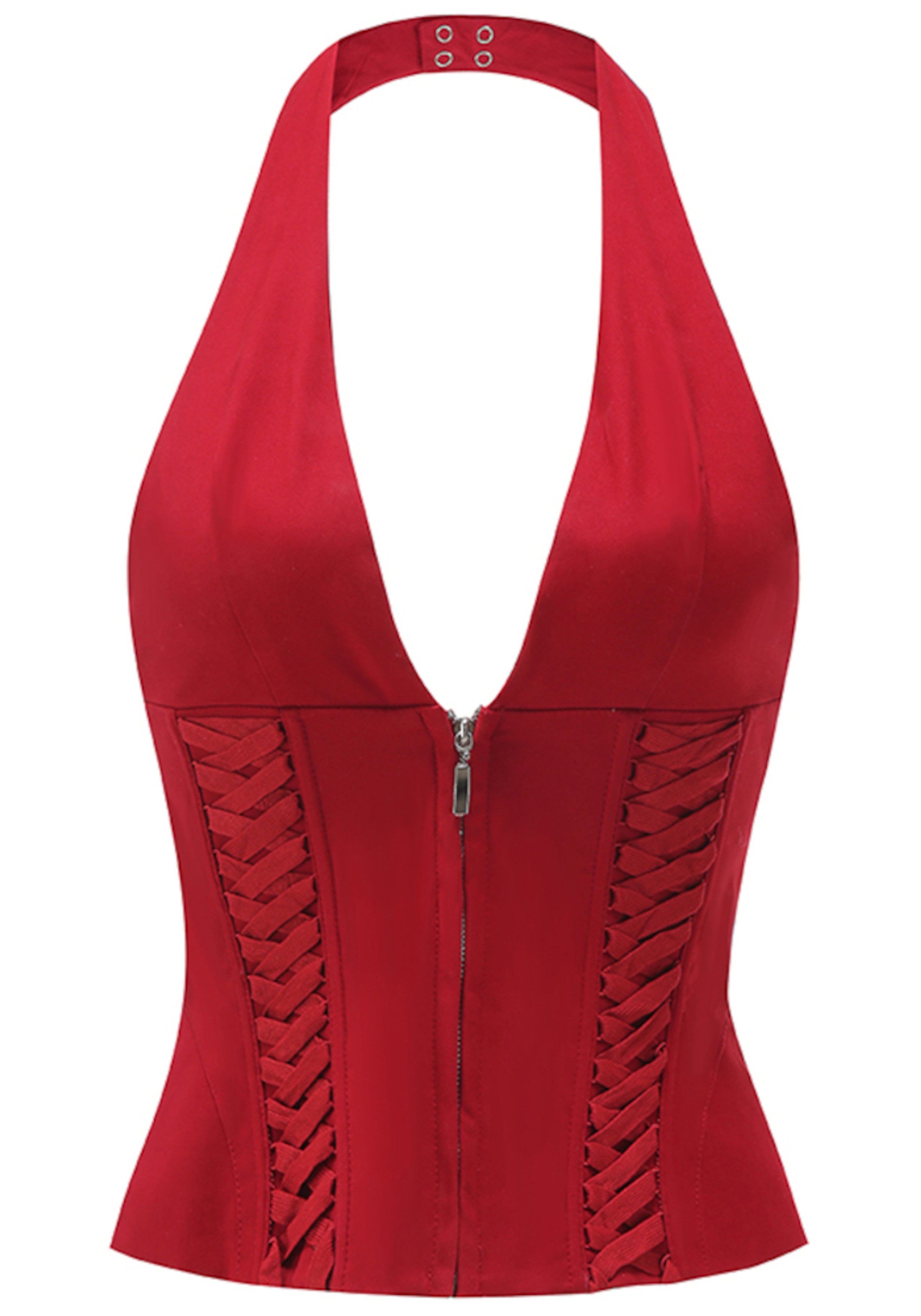Kovriel Halter Lace Up Corset Top In Red