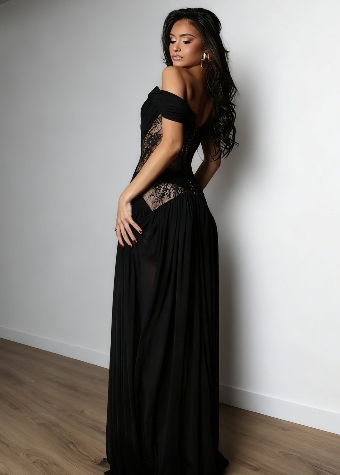 Koryden Off Shoulder Lace Split Maxi Dress