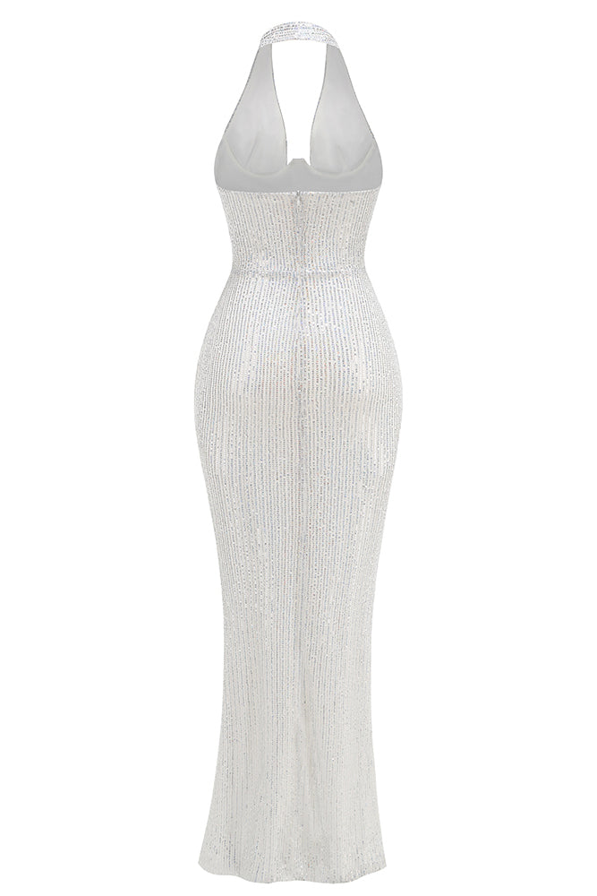 Barron Halter Sequin Embellished Gown In White