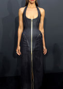 Fyriael Halter Structured A Line Maxi Denim Dress In Black