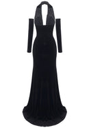 Brielle Long Sleeve Halter Lace Maxi Velvet Dress In Black