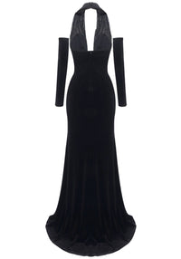 Brielle Long Sleeve Halter Lace Maxi Velvet Dress In Black