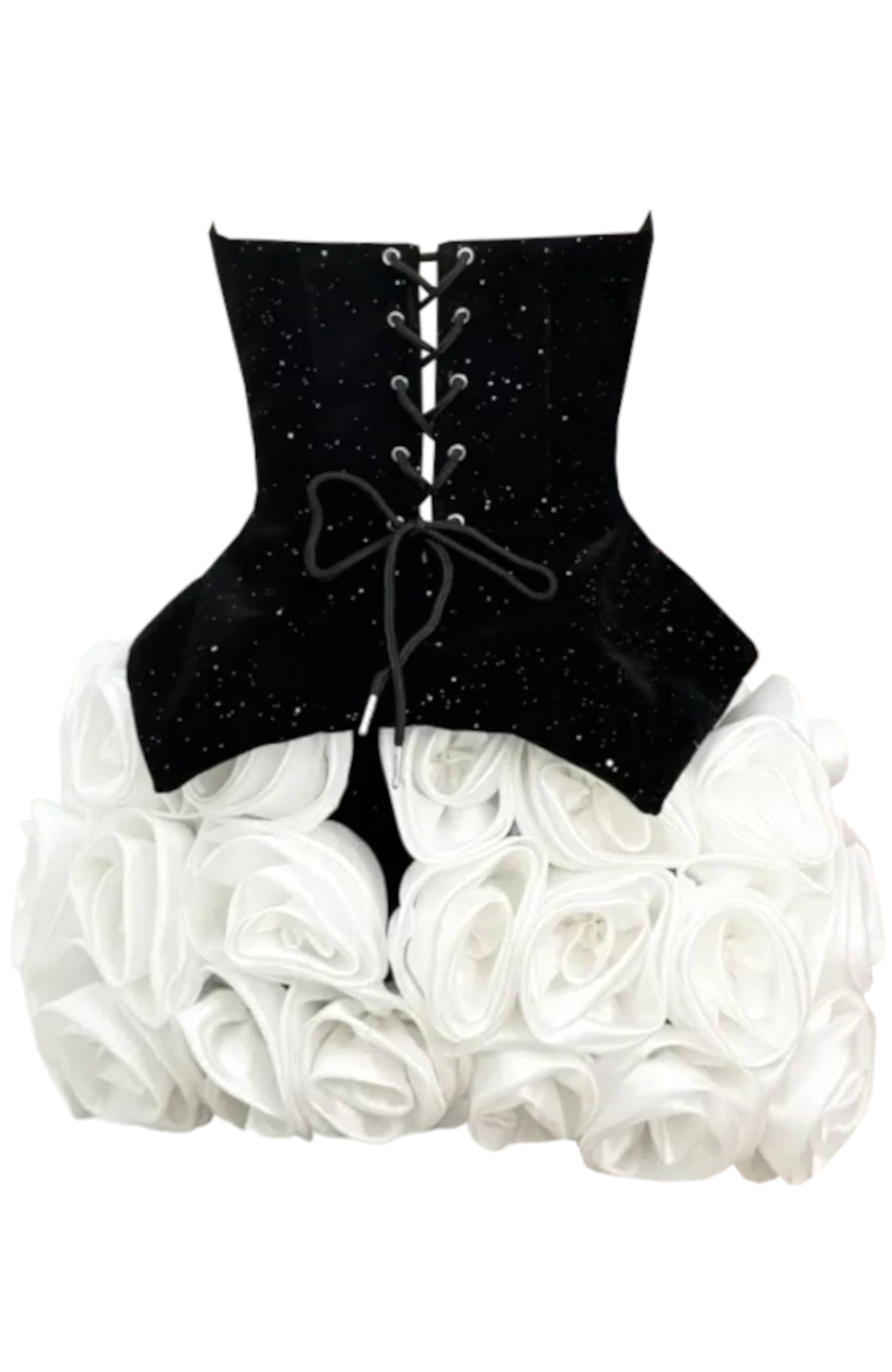 Aindrea Sparkly Strapless Floral Corset Mini Dress In Black White