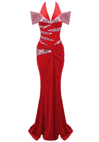 Ailyn Halter Sequin Corset Maxi Velvet Dress In Red