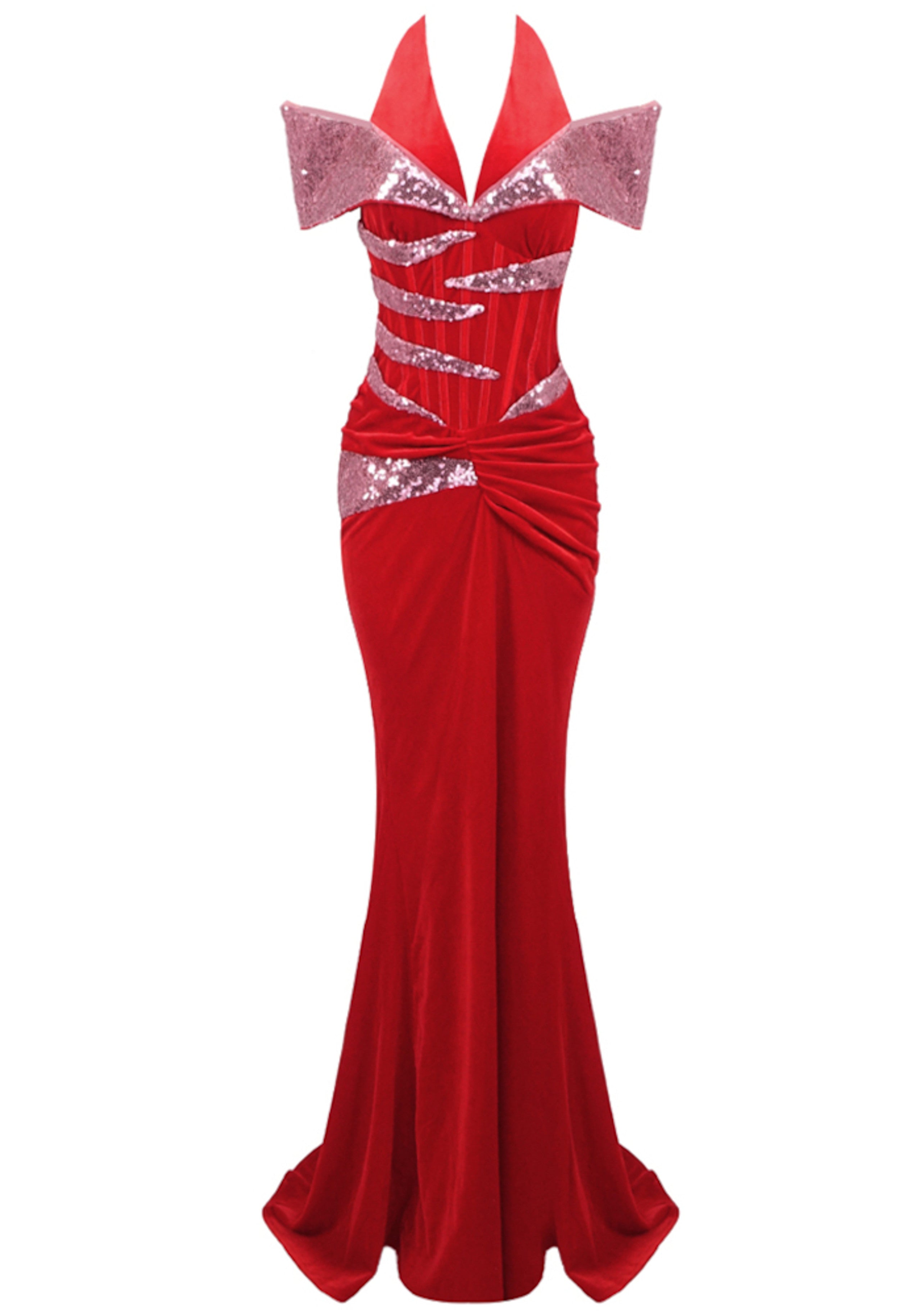 Ailyn Halter Sequin Corset Maxi Velvet Dress In Red