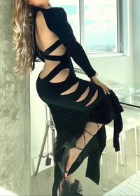 Humvee Long Sleeve Cutout Fluted Midi Velvet Dress In Black