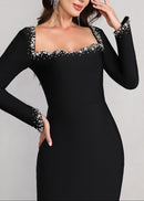 Firenze Long Sleeve Crystal Embellished Trim Maxi Dress In Black