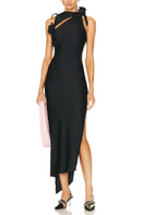 Brendy Ruched Bow Floral Maxi Dress In Black