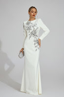 Romaine Long Sleeve Embellished Floral Detail Maxi Dress In White