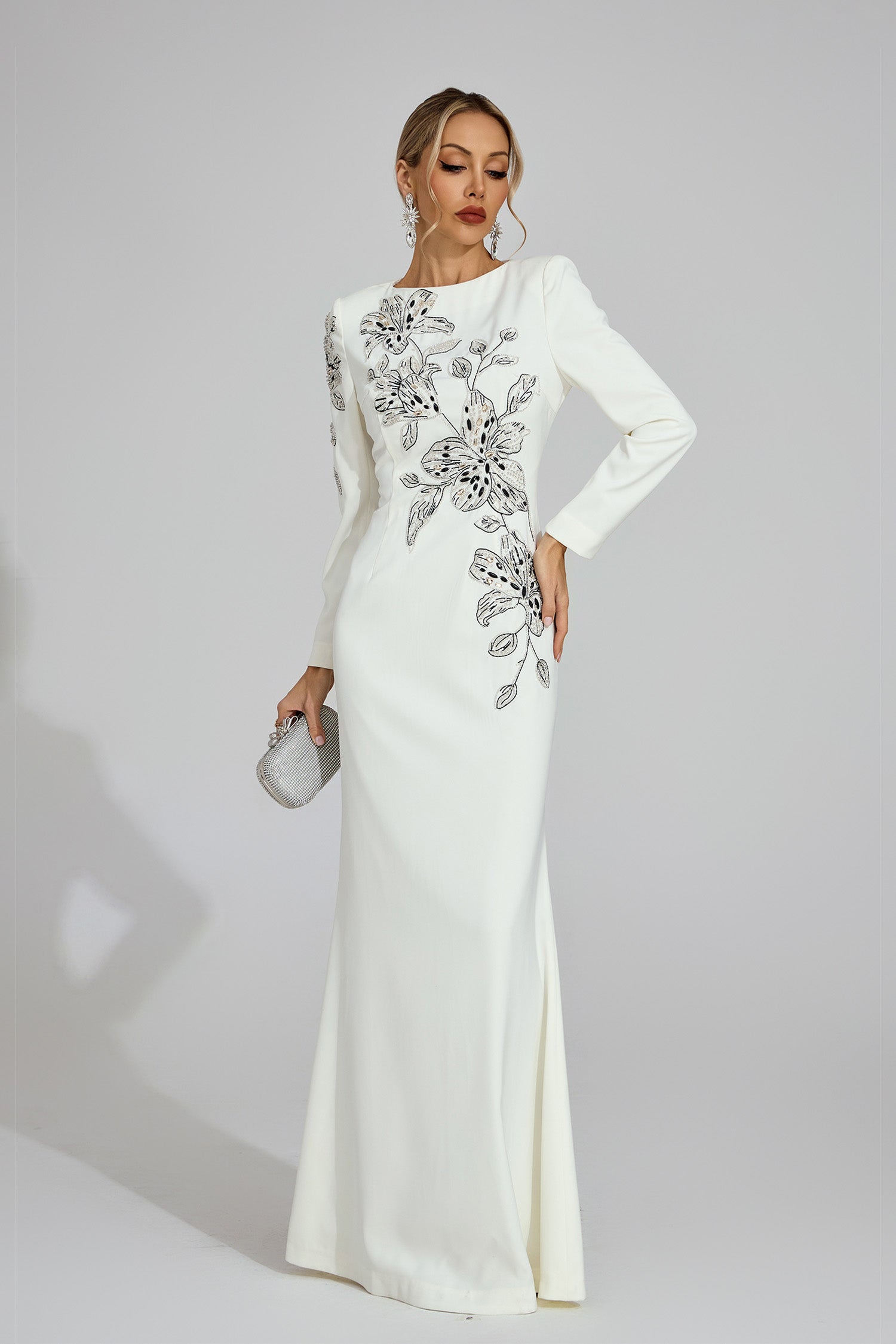 Romaine Long Sleeve Embellished Floral Detail Maxi Dress In White